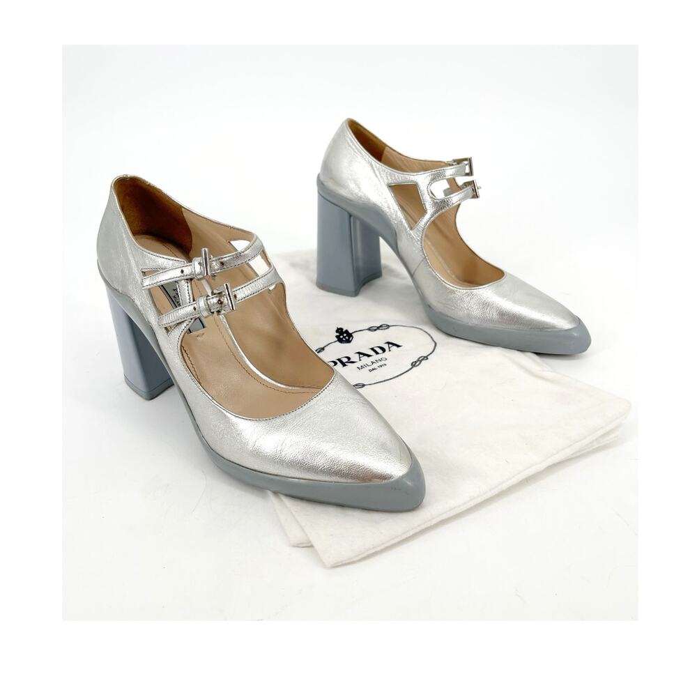 Prada F/W 2015 Runway Silver Metallic Mary Jane Rubber Trim Block Heels IT 37.5